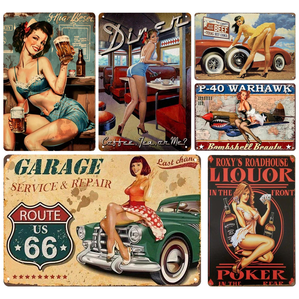 Vintage Pin-Up Girl Metal Tin Sign: Retro Route 66 Wall Art