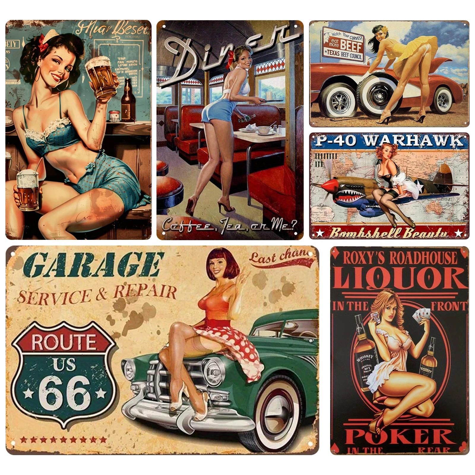 Vintage Pin-Up Girl Metal Tin Sign: Retro Route 66 Wall Art