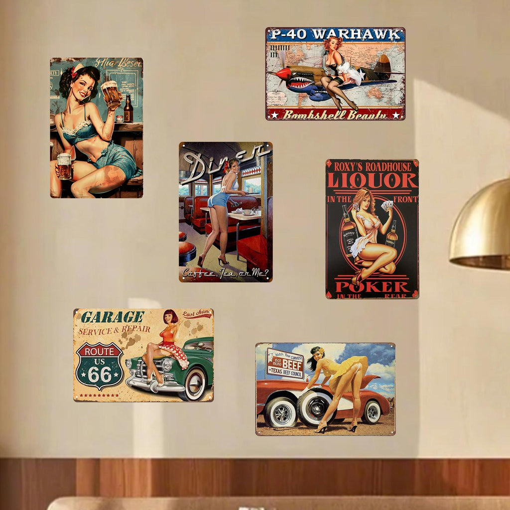 Vintage Pin-Up Girl Metal Tin Sign: Retro Route 66 Wall Art