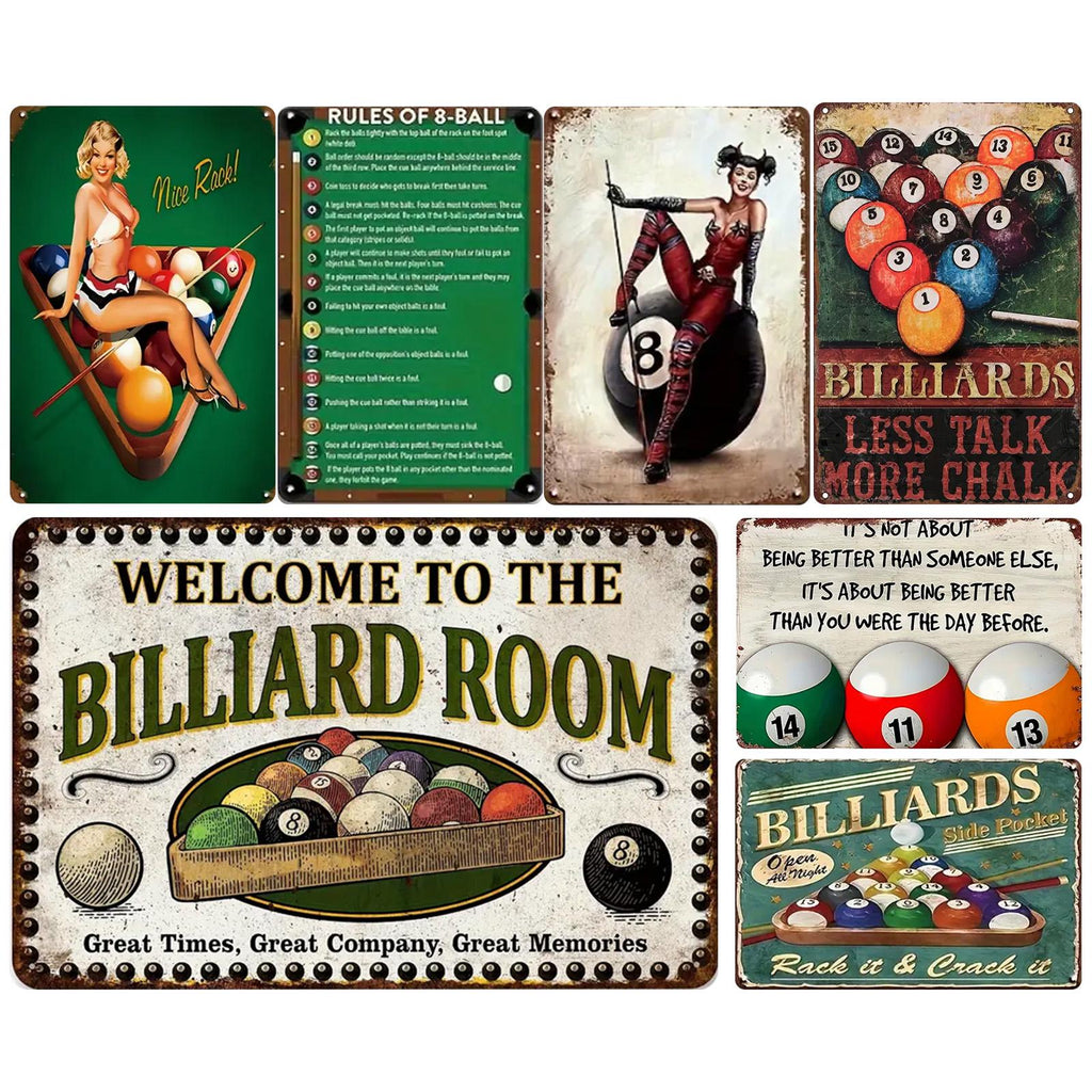 Vintage Billardzimmer-Schild | 8-Ball Regeln & Pin-Up Kunst | Metallschild für die Männerhöhle