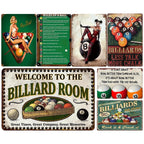 Vintage Billardzimmer-Schild | 8-Ball Regeln & Pin-Up Kunst | Metallschild für die Männerhöhle