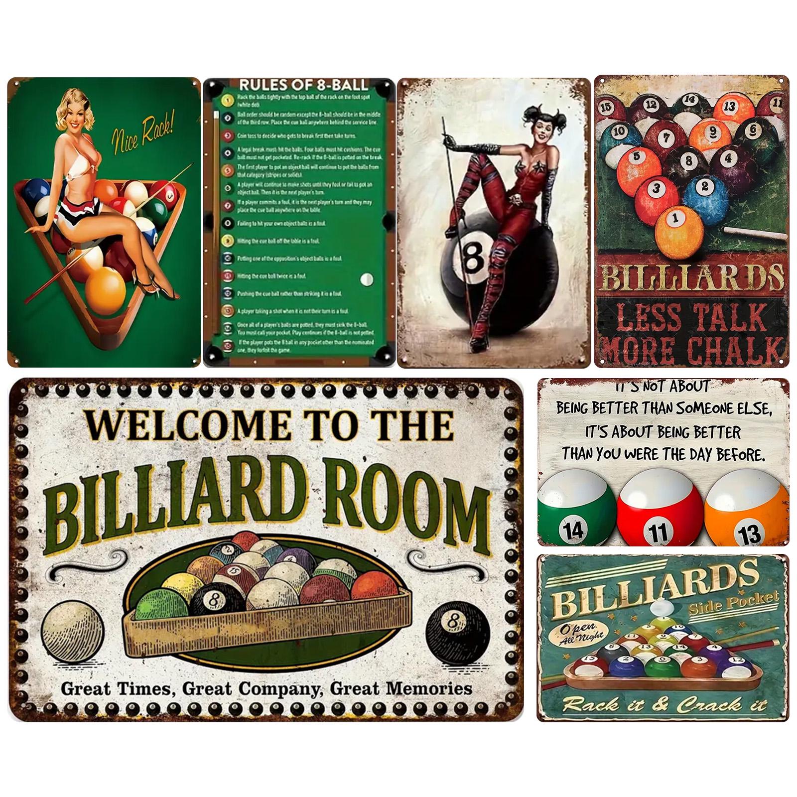 Vintage Billardzimmer-Schild | 8-Ball Regeln & Pin-Up Kunst | Metallschild für die Männerhöhle