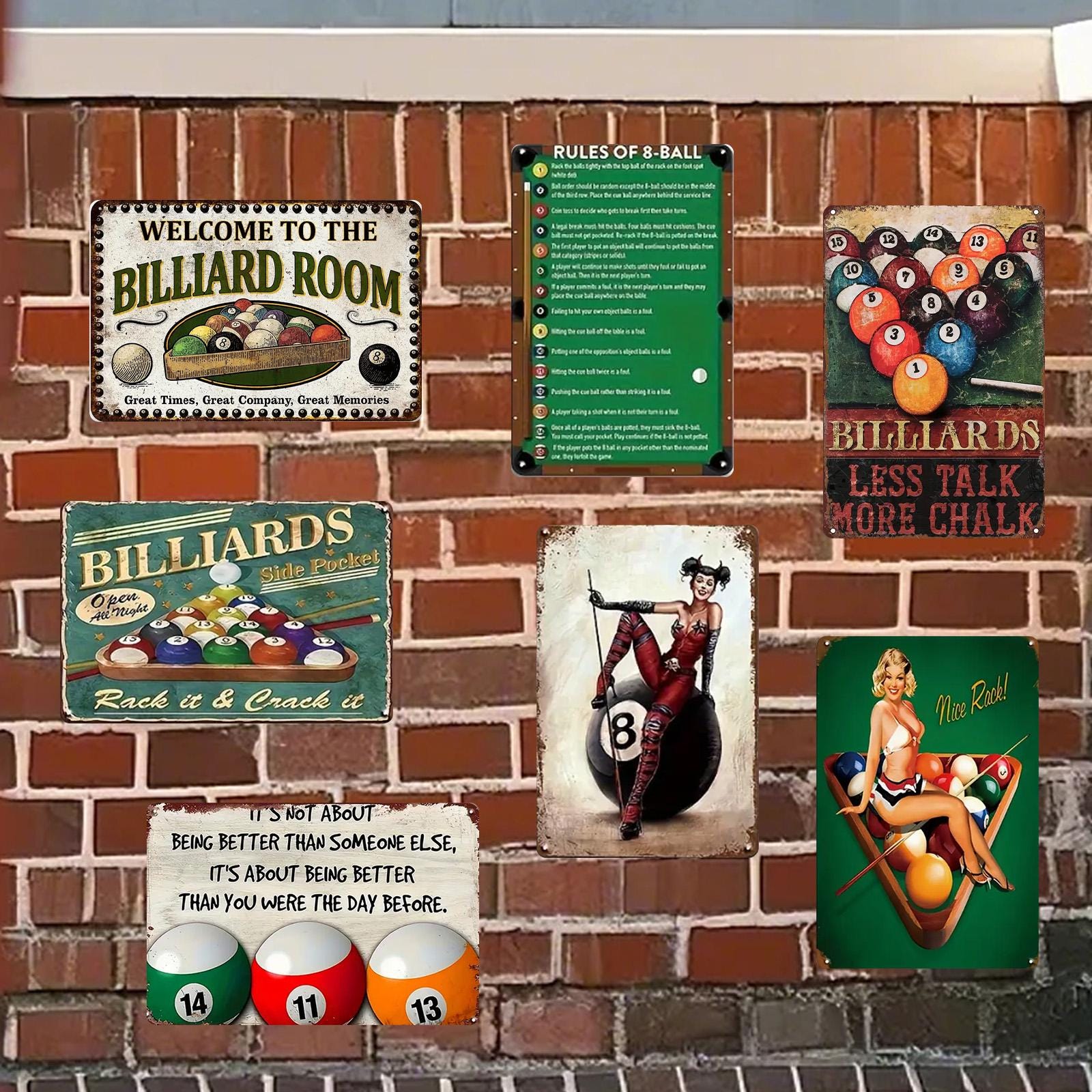 Vintage Billardzimmer-Schild | 8-Ball Regeln & Pin-Up Kunst | Metallschild für die Männerhöhle