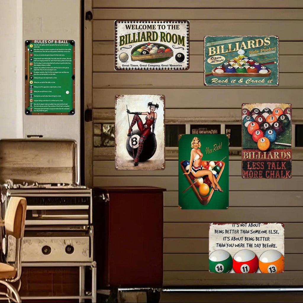 Vintage Billardzimmer-Schild | 8-Ball Regeln & Pin-Up Kunst | Metallschild für die Männerhöhle