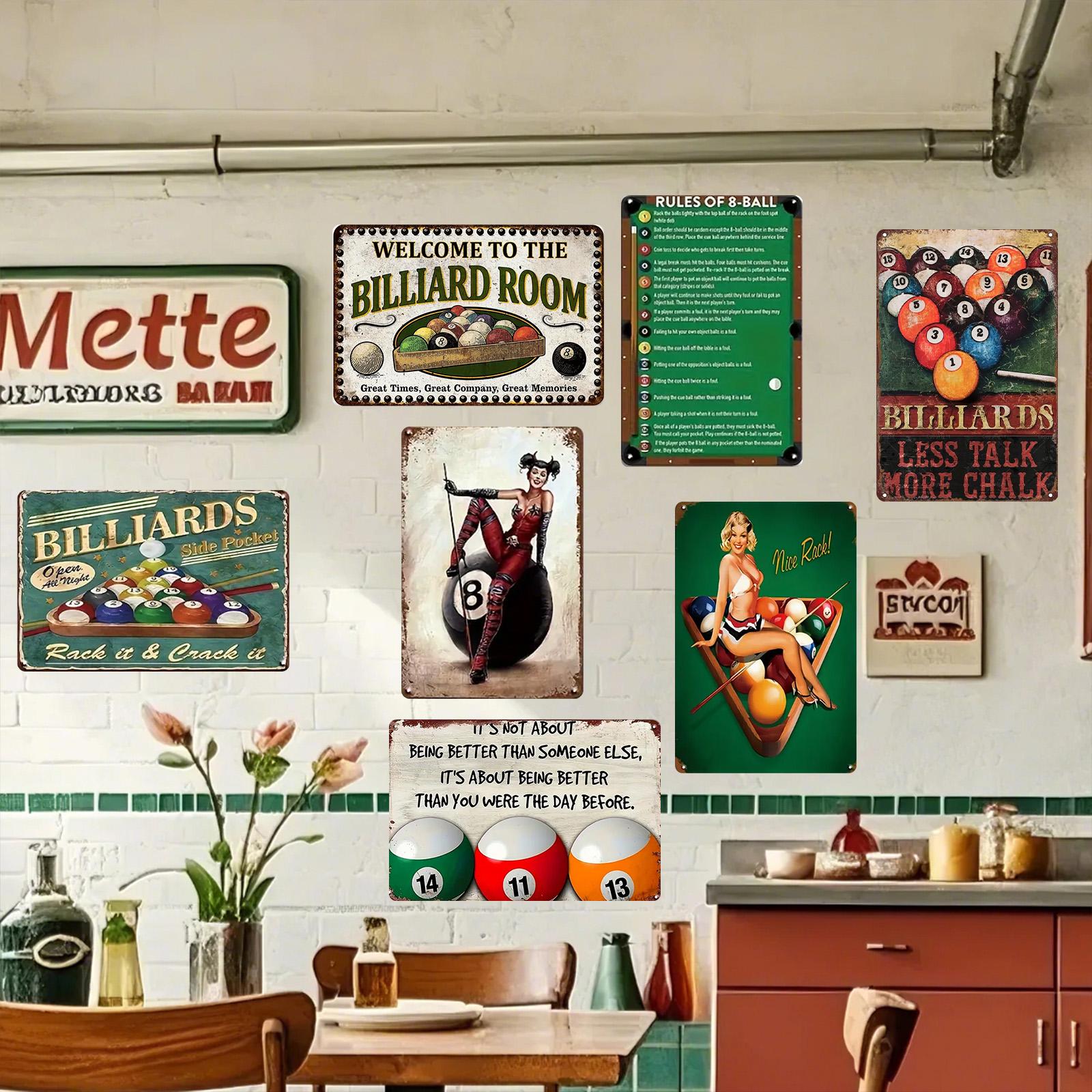 Vintage Billardzimmer-Schild | 8-Ball Regeln & Pin-Up Kunst | Metallschild für die Männerhöhle