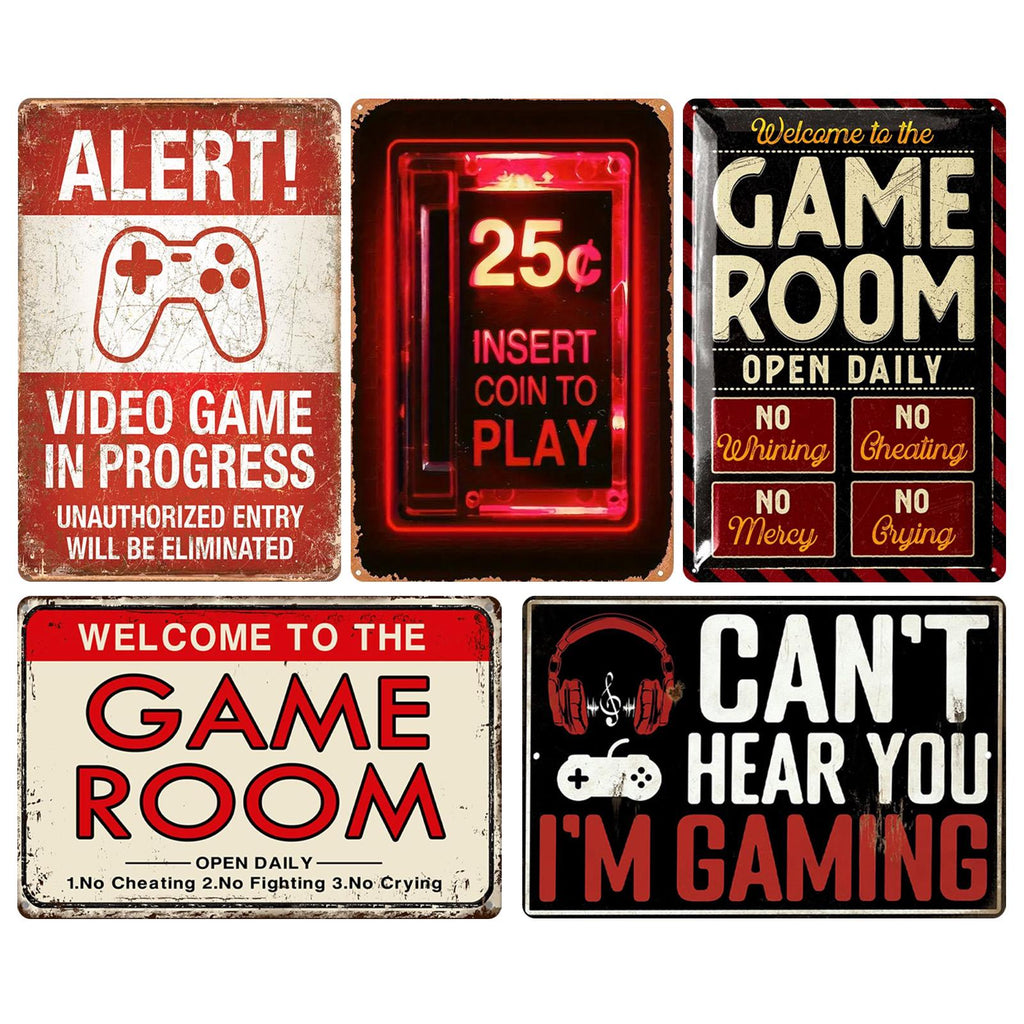 Lot d'enseignes métalliques sur le thème des jeux vidéo rétro | Insert Coin et citations de gaming