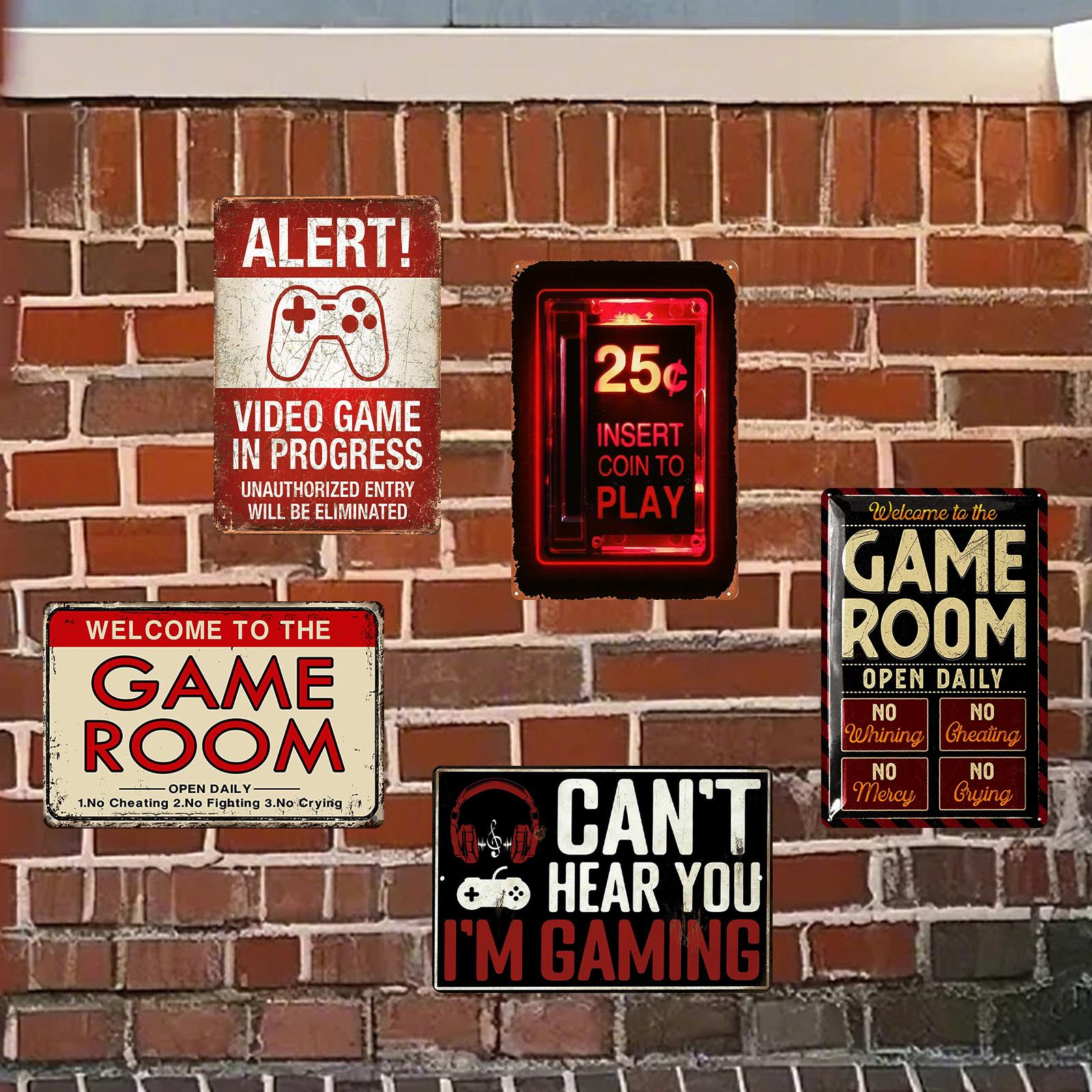 Retro Video Game Room Metal Sign Set: Insert Coin & Gaming Quotes