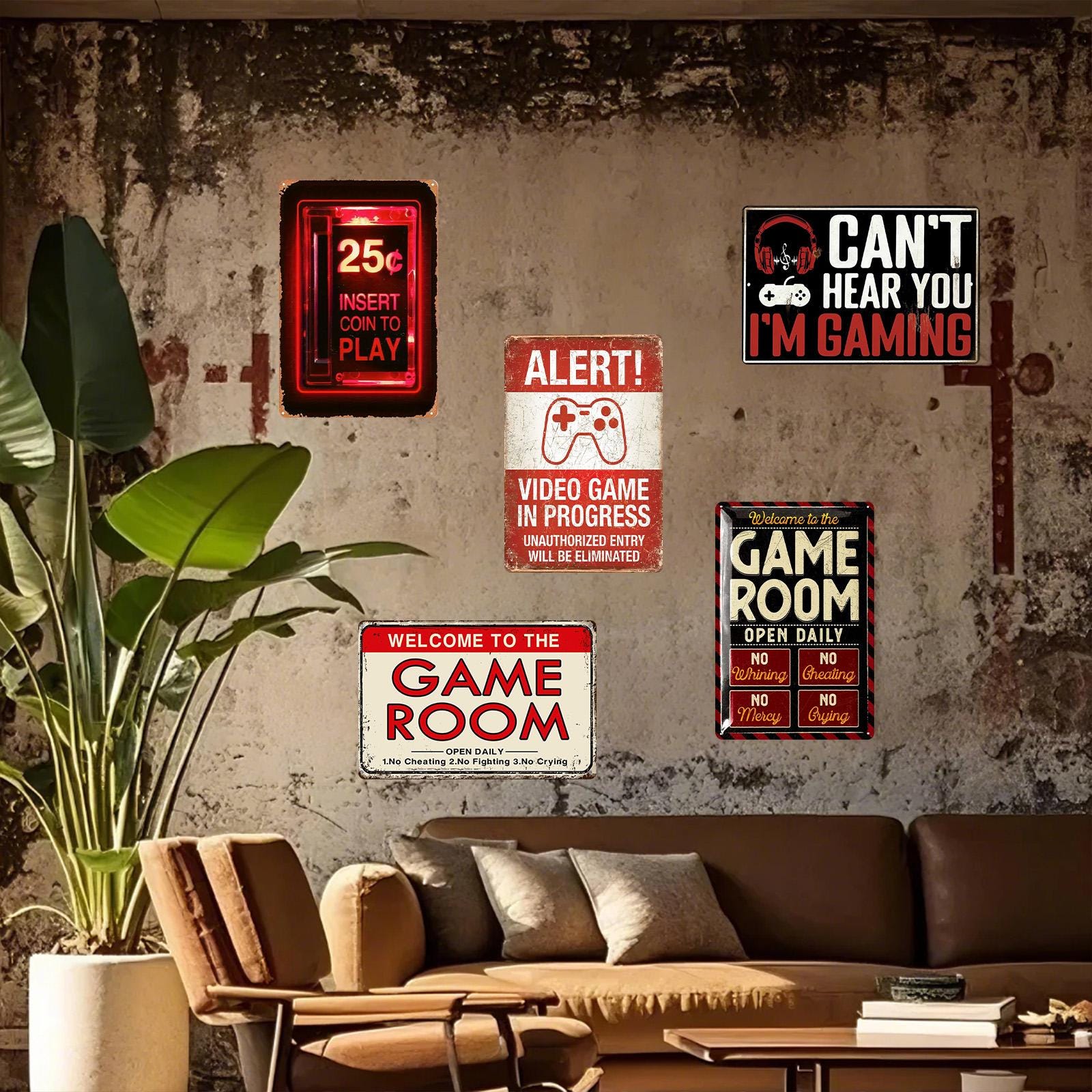 Retro Video Game Room Metal Sign Set: Insert Coin & Gaming Quotes