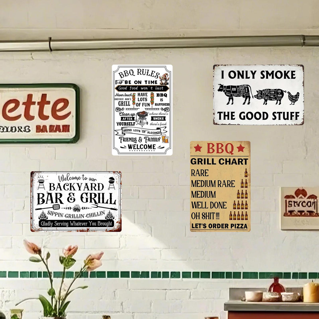 Vintage BBQ Grill Rules Metal Signs Set (4)