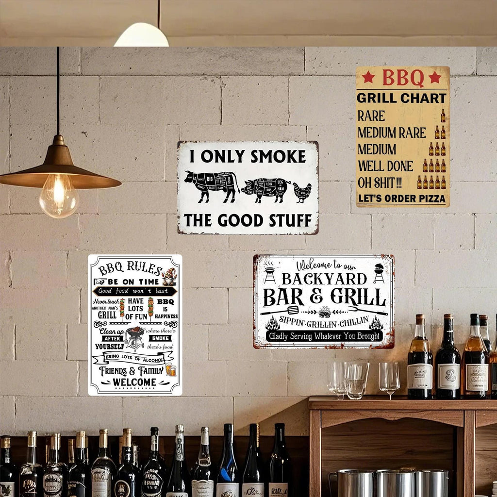 Vintage BBQ Grill Rules Metal Signs Set (4)