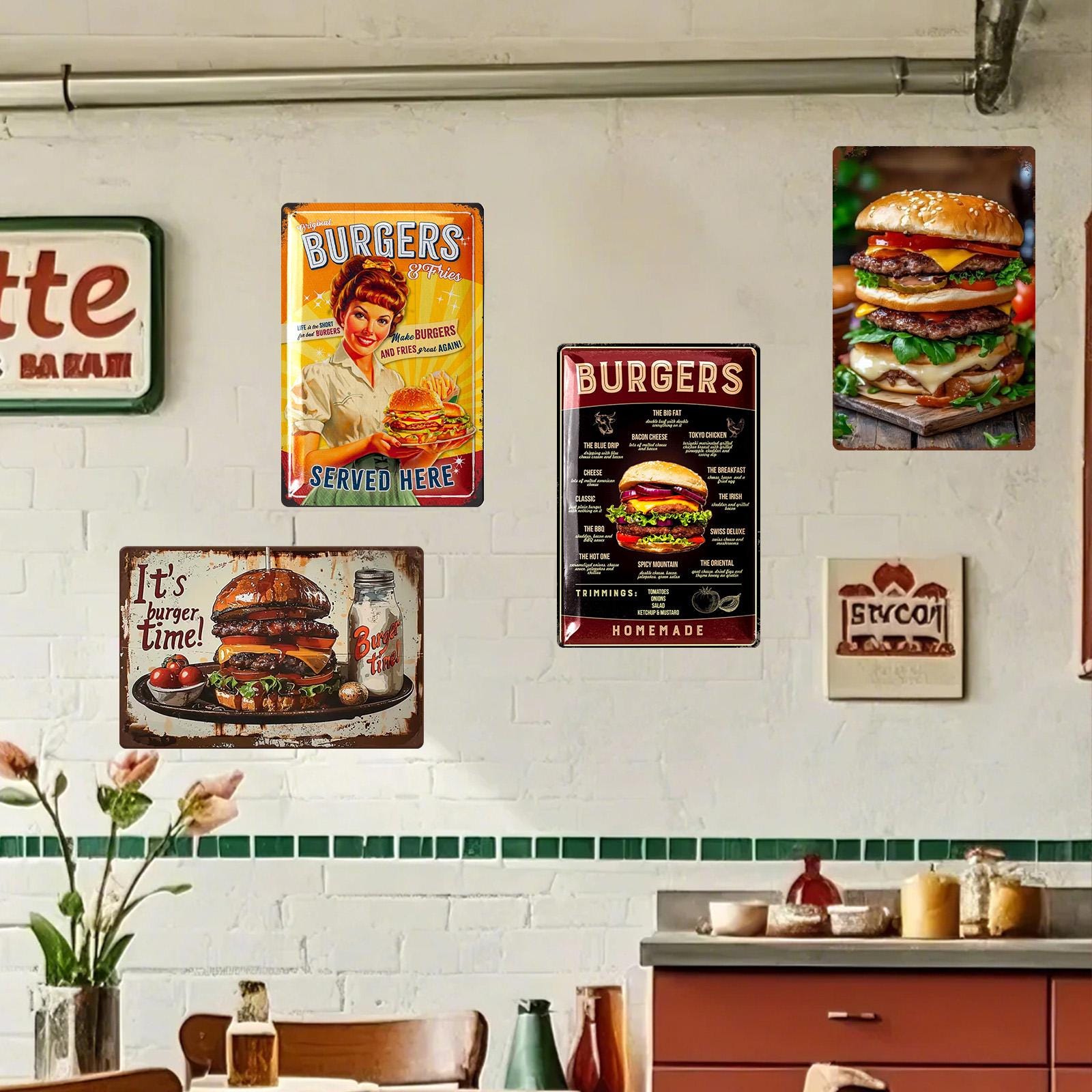 Vintage Burgers Metal Tin Sign: Retro Kitchen, Bar Decor