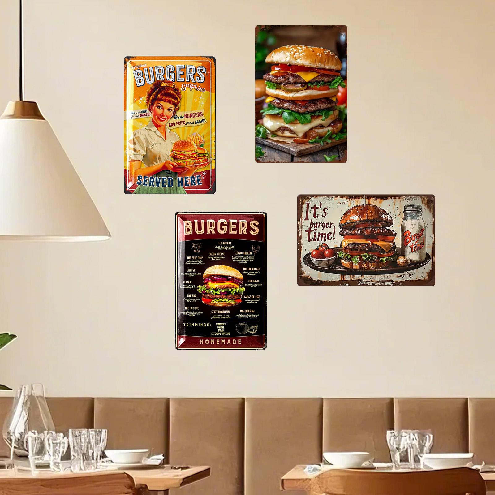 Vintage Burgers Metal Tin Sign: Retro Kitchen, Bar Decor
