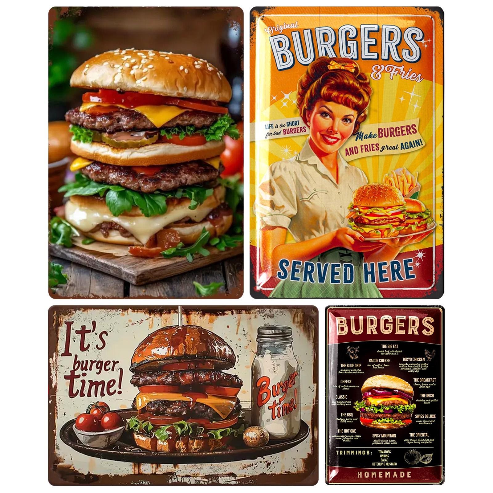 Vintage Burgers Metal Tin Sign: Retro Kitchen, Bar Decor