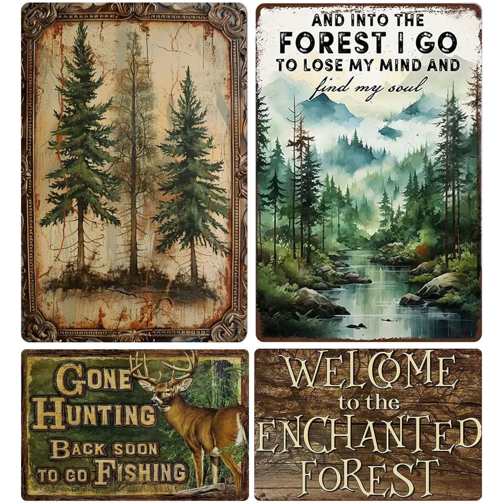 Rustic Enchanted Forest Metal Signs: Hunting Fishing Decor - Set of 4