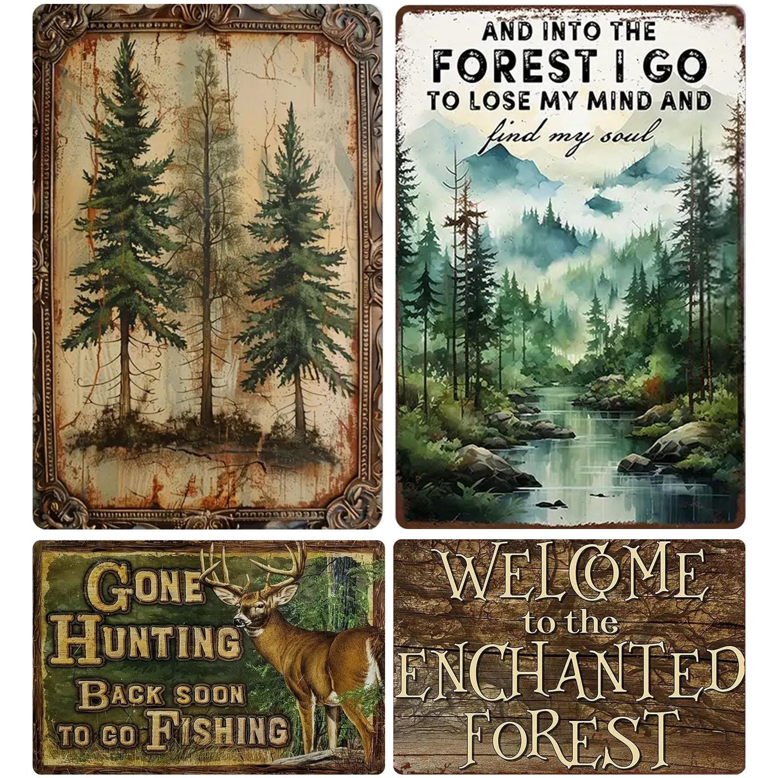 Rustic Enchanted Forest Metal Signs: Hunting Fishing Decor - Set of 4