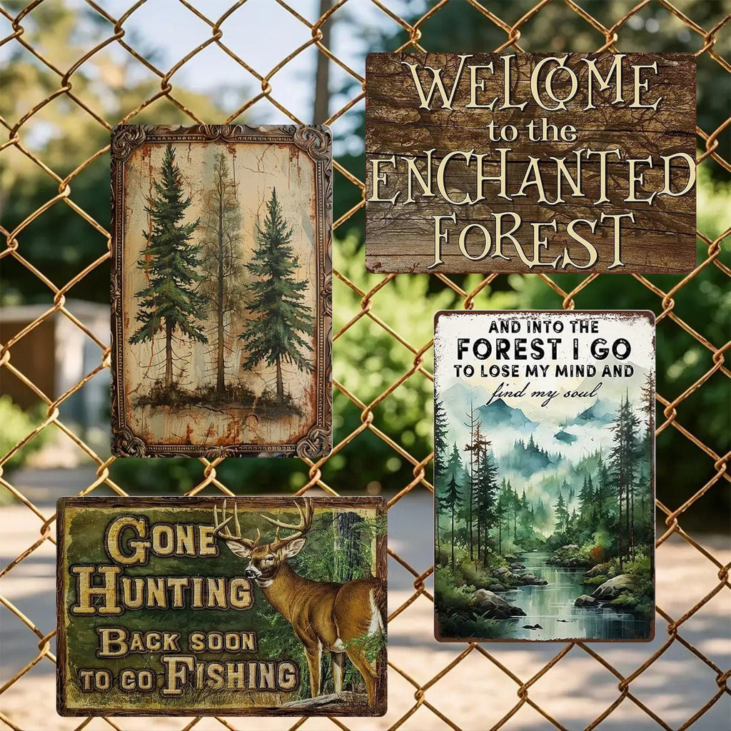 Rustic Enchanted Forest Metal Signs: Hunting Fishing Decor - Set of 4