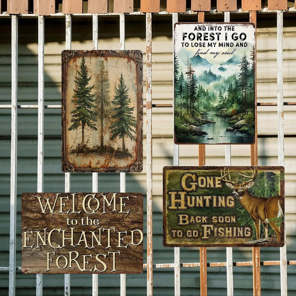 Rustic Enchanted Forest Metal Signs: Hunting Fishing Decor - Set of 4