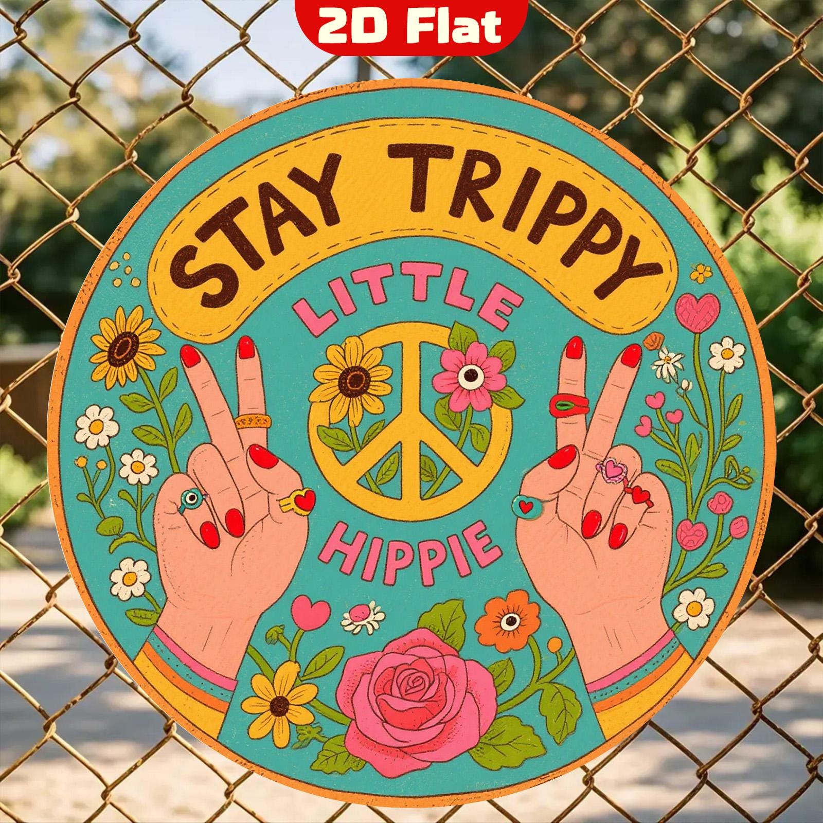 Retro Metal "Stay Trippy Little Hippie" Sign - Boho Peace Decor