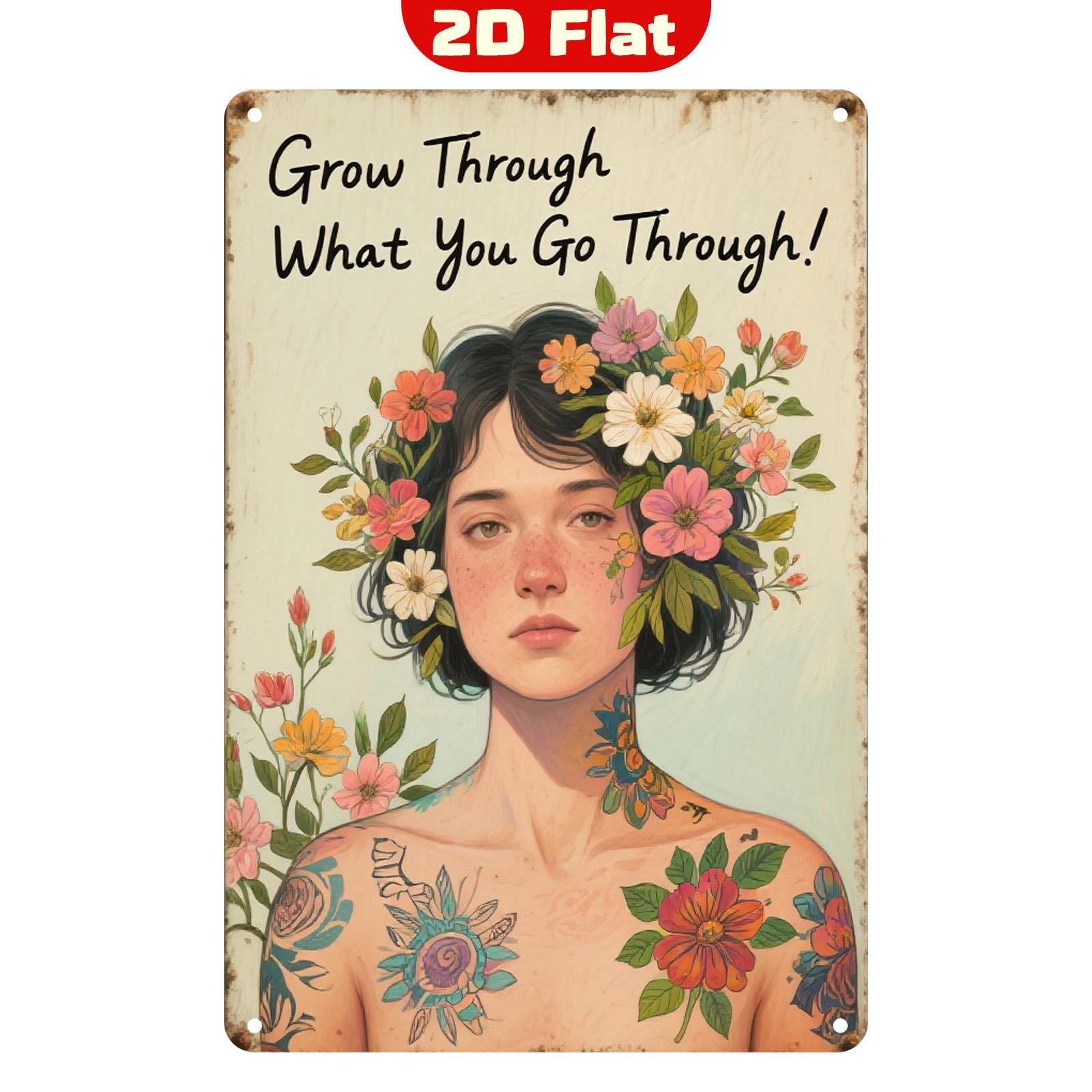 Inspirational Metal Sign: Vintage Floral Woman - Motivational Quote Decor