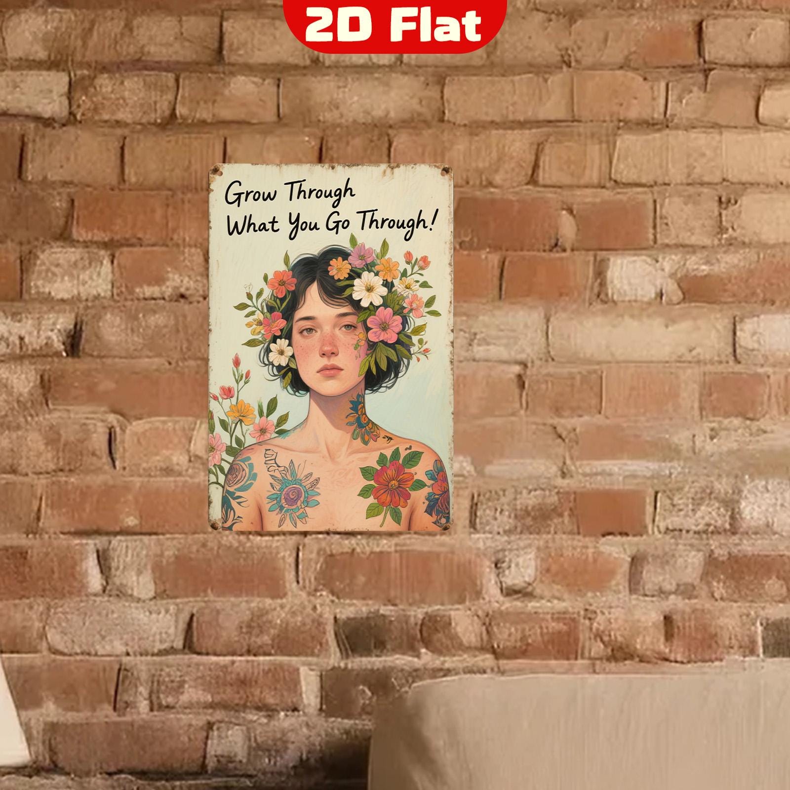 Inspirational Metal Sign: Vintage Floral Woman - Motivational Quote Decor