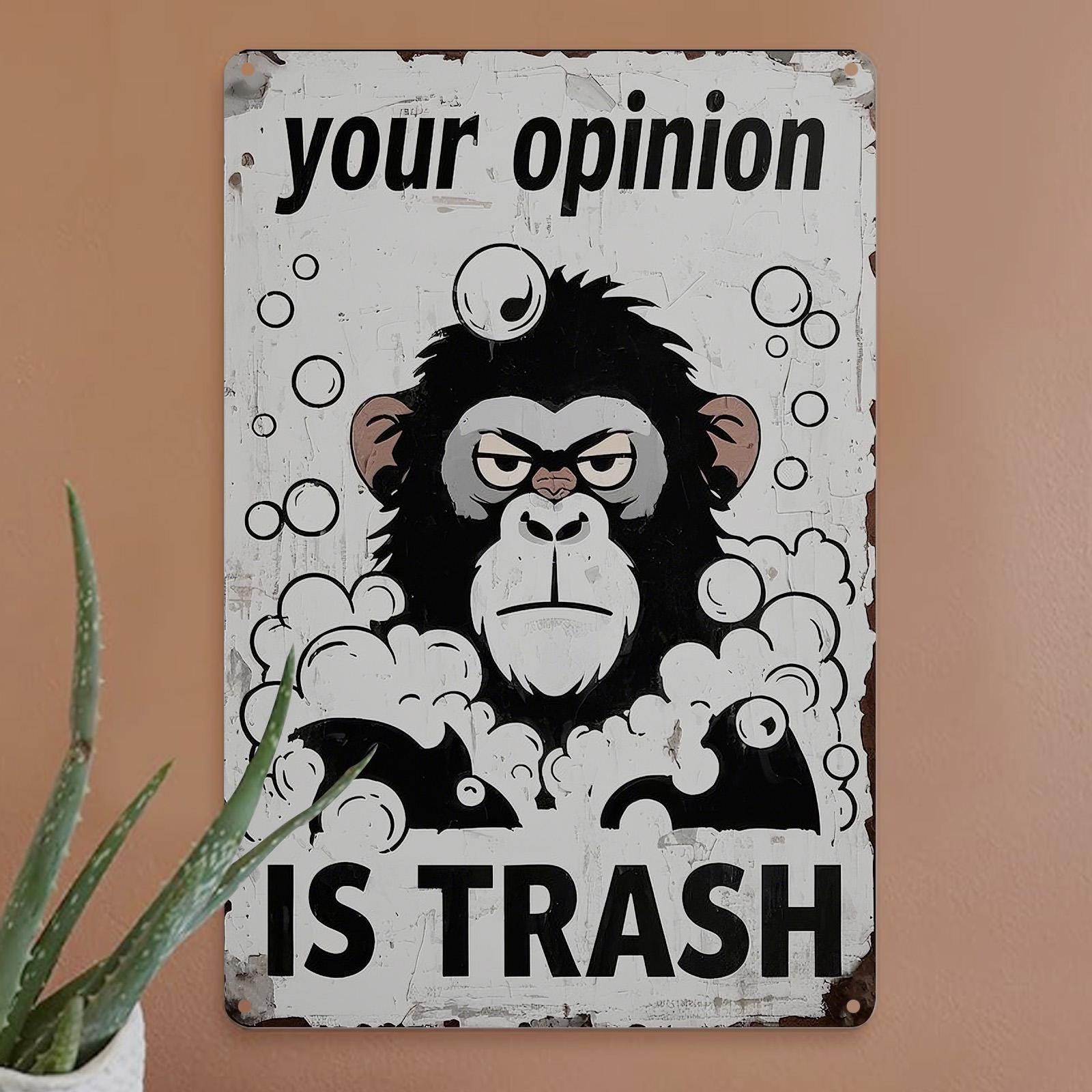 Funny Monkey "Your Opinion Is Trash" Metal Sign - Home Bar Garage Art