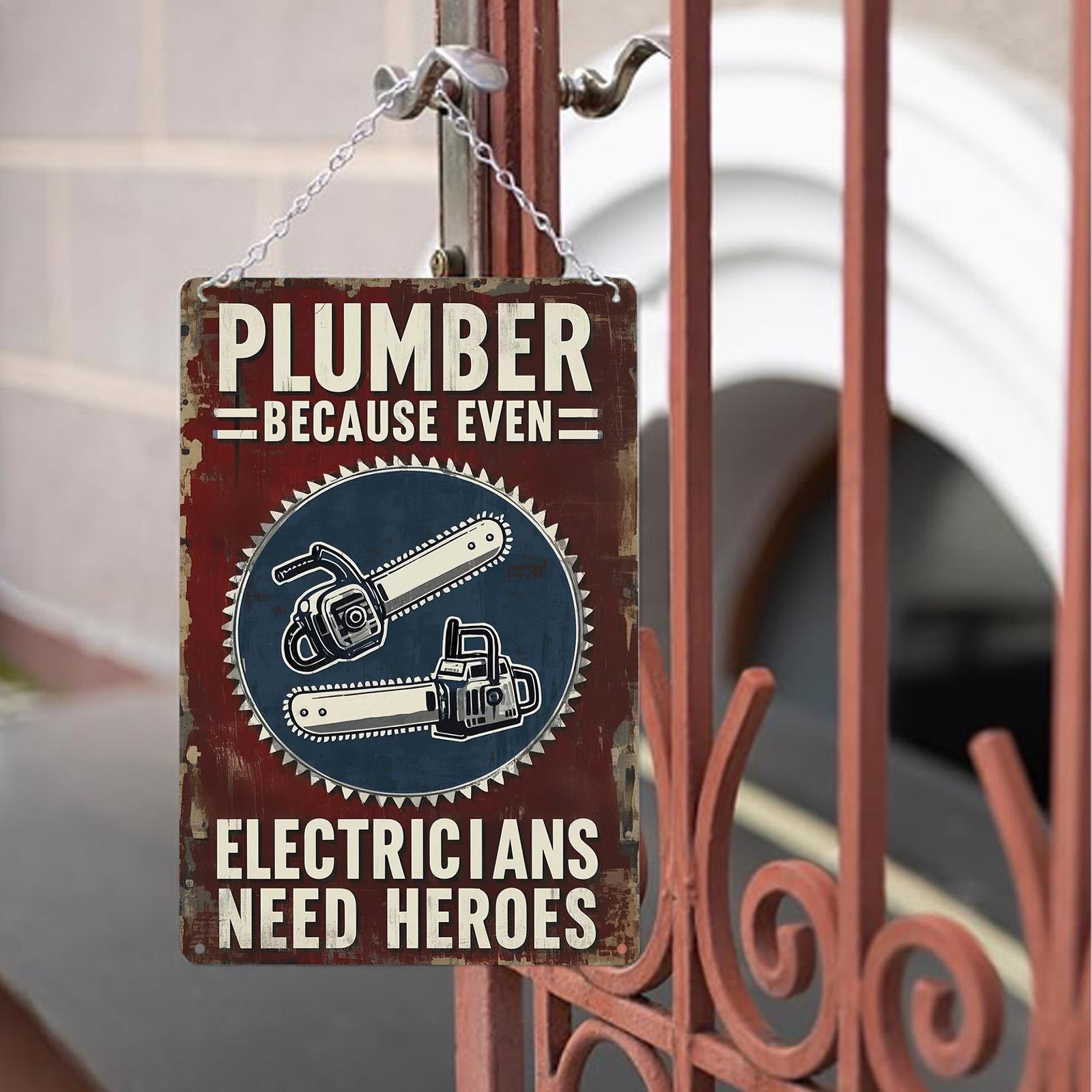 Vintage Plumber Hero Metal Sign: Humorous Garage & Workshop Decor