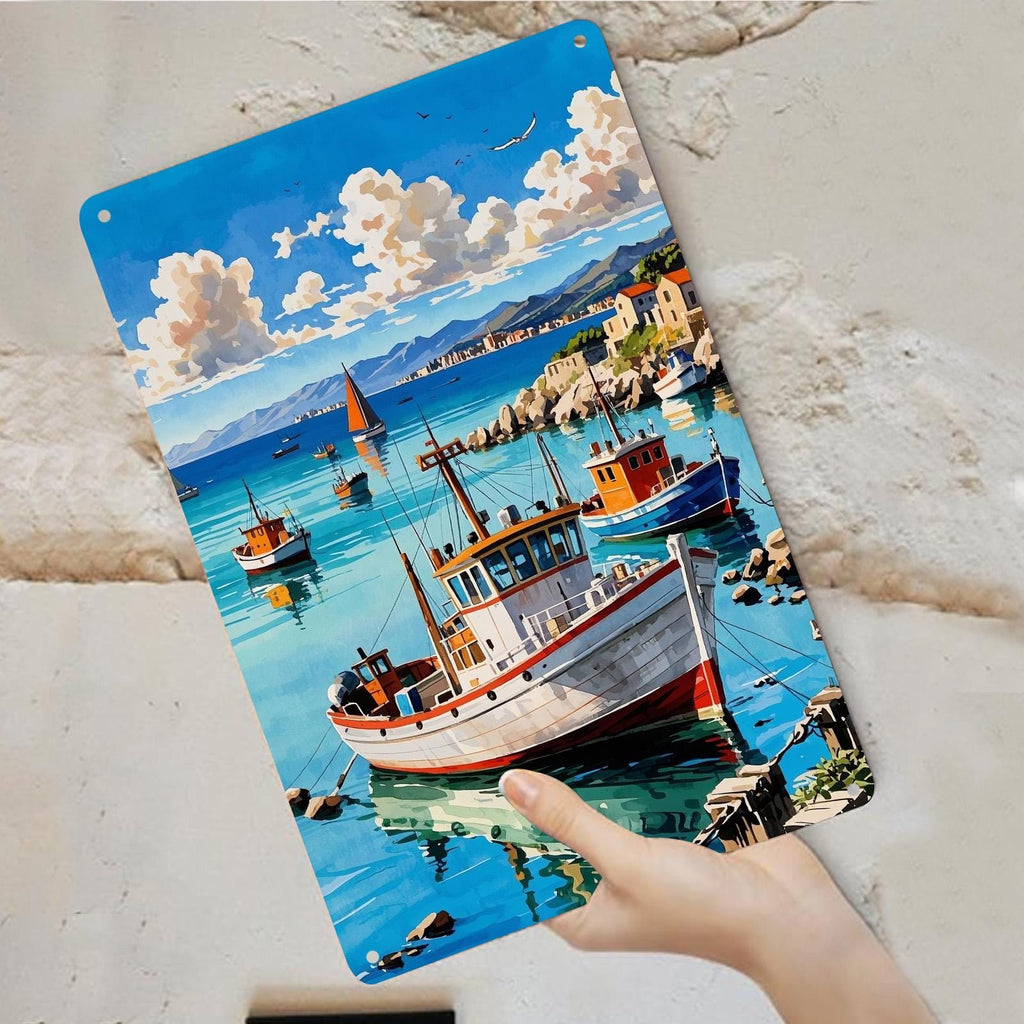 Art mural en métal Bateaux de pêche côtiers vintage | Décoration de maison de plage nautique en métal