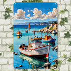 Art mural en métal Bateaux de pêche côtiers vintage | Décoration de maison de plage nautique en métal