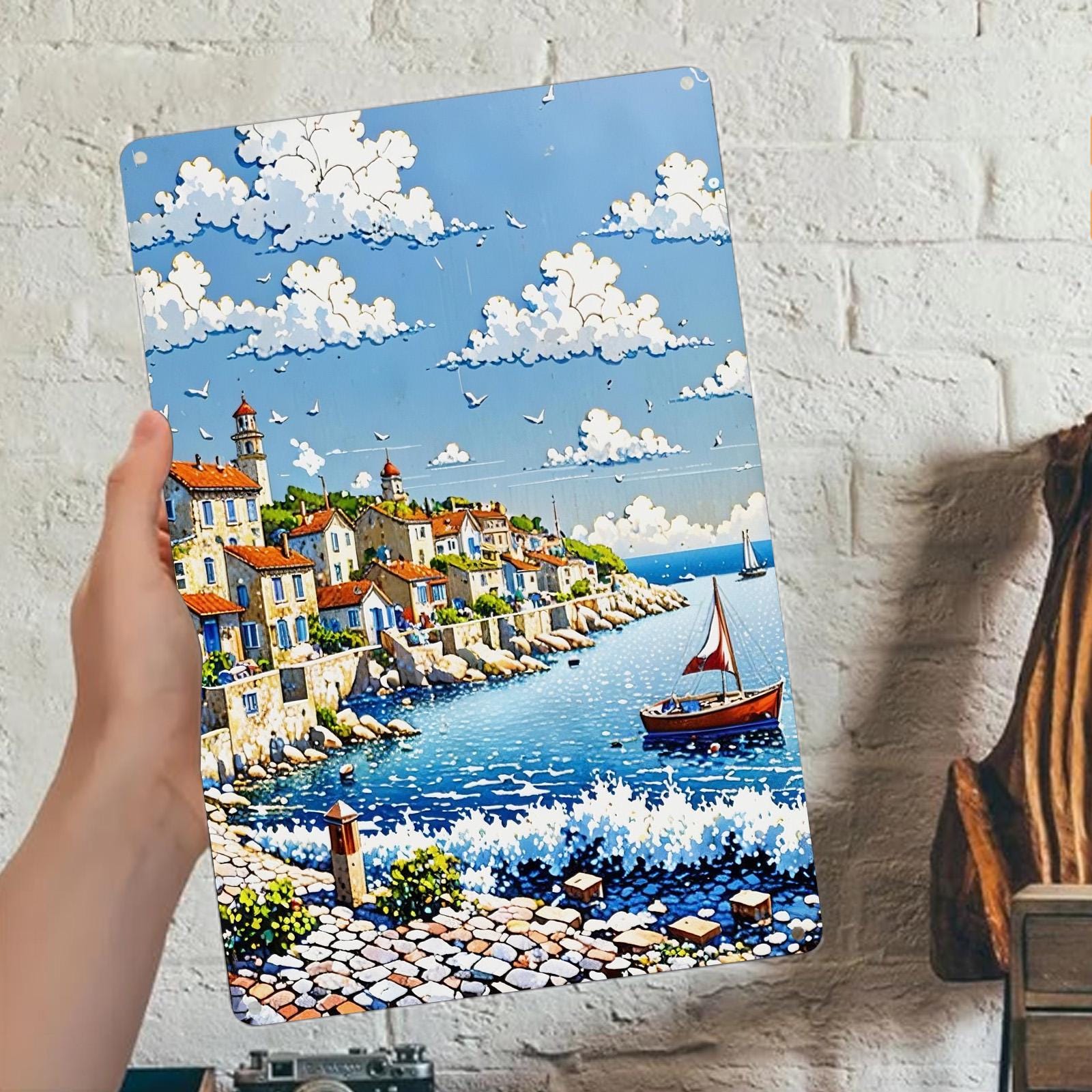 Vintage Küstenleuchtturm Metall Wandbild | Rostiges Dorf Szenen Metallschild