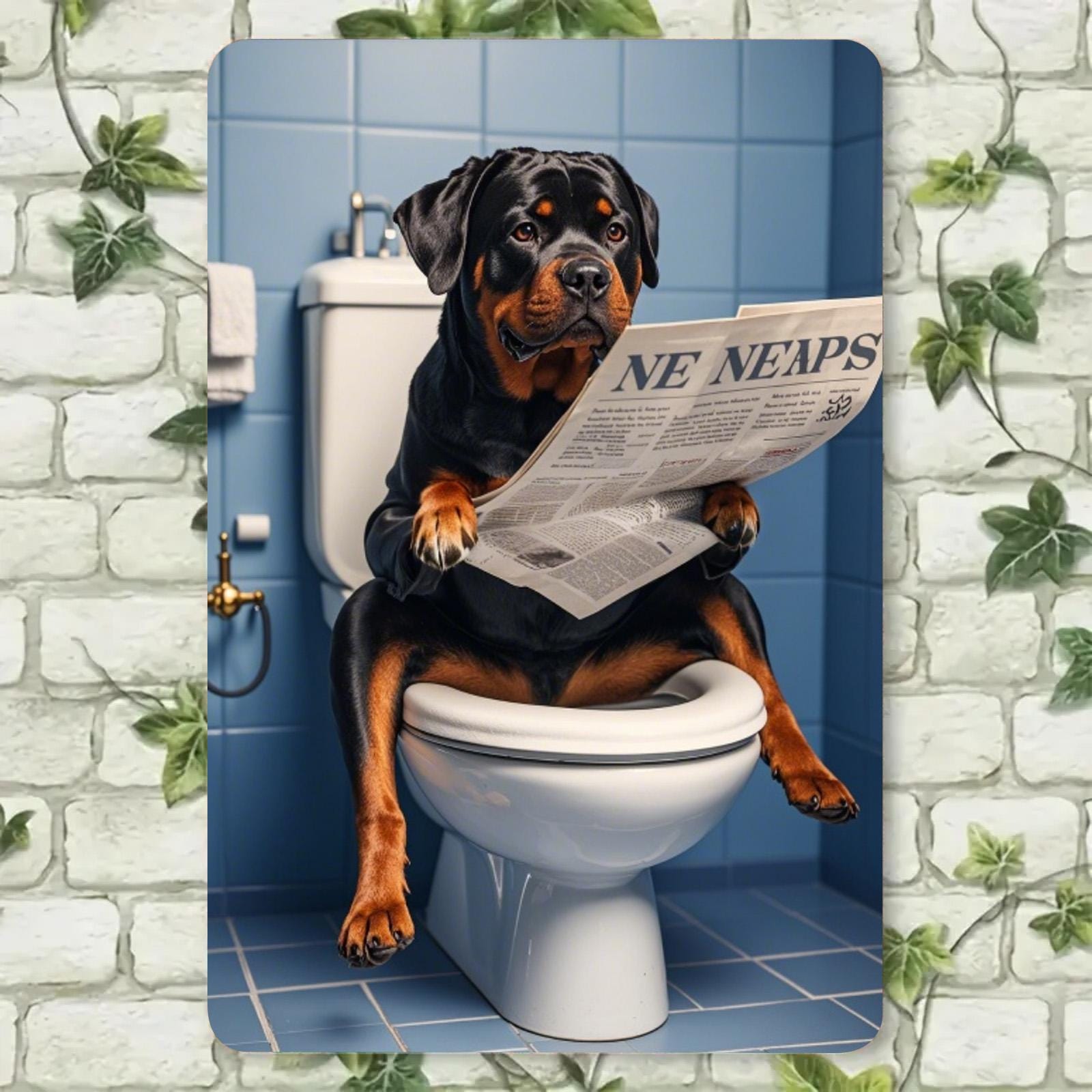 Funny Rottweiler Metal Sign: Reading Dog Bathroom Decor