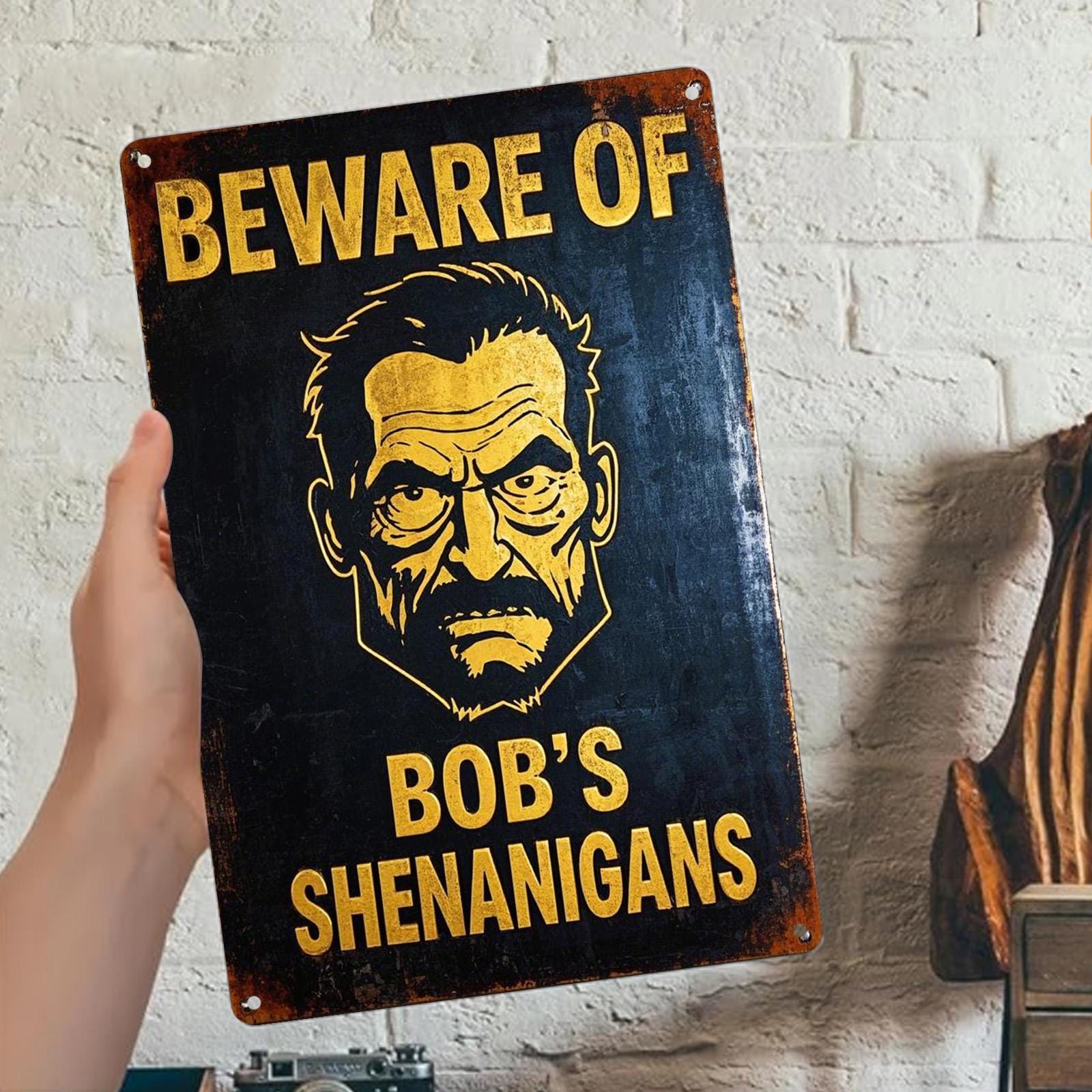 Funny "Beware of Bob" Metal Sign: Rustic Man Cave Bar Decor