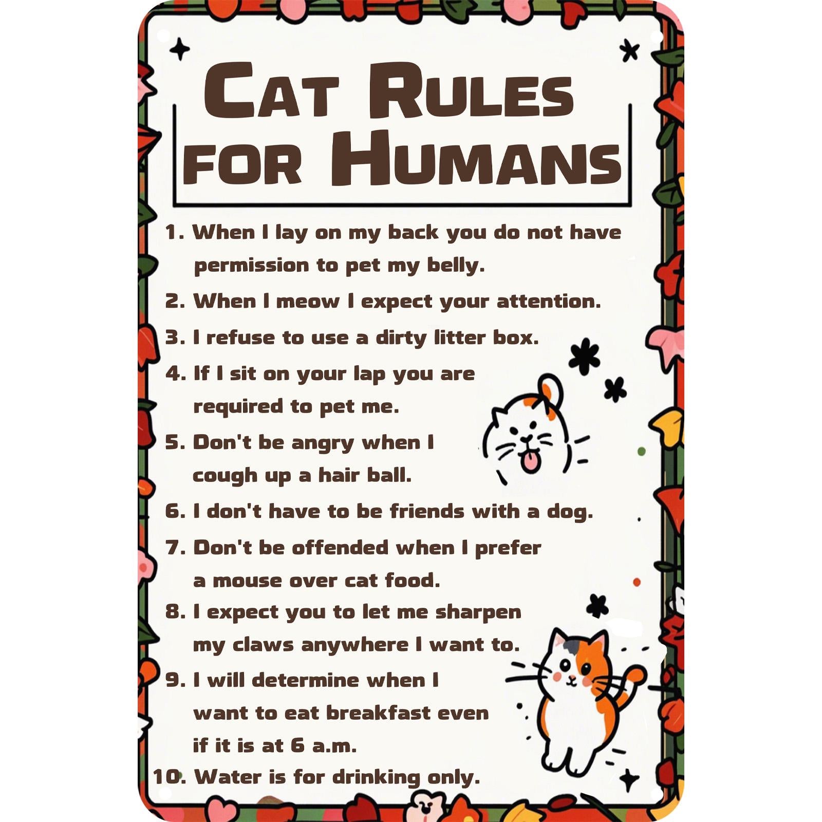 Funny Cat Rules Metal Sign: Rustic Pet Humor Wall Decor