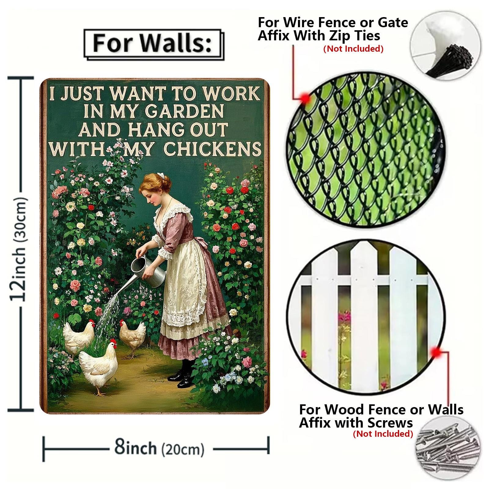 Vintage Garden Chickens Metal Sign: Farmhouse Kitchen Decor