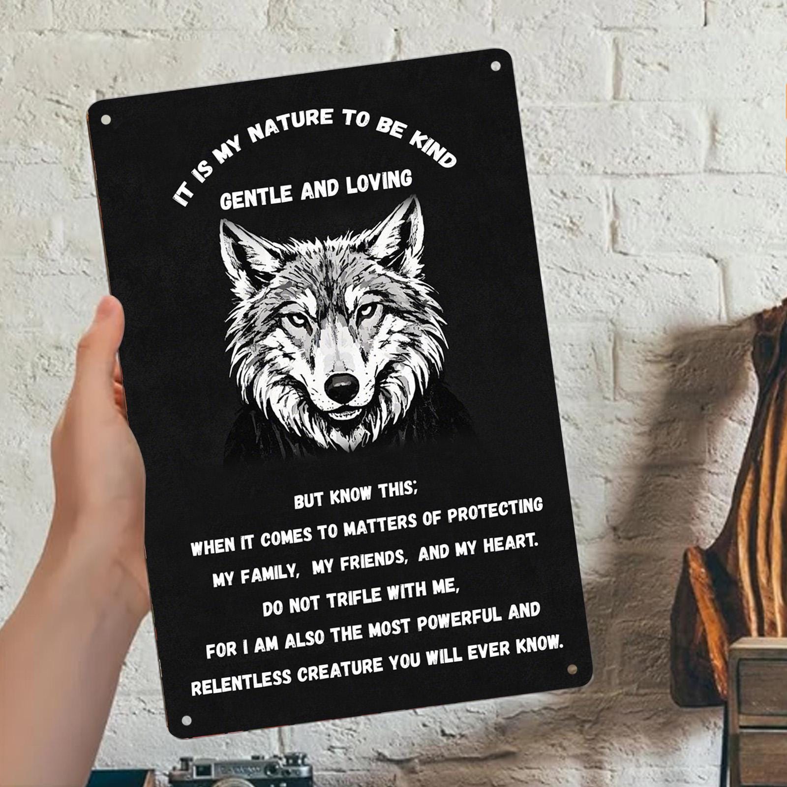 Wolf Inspirational Metal Sign: Rustic Cabin Decor