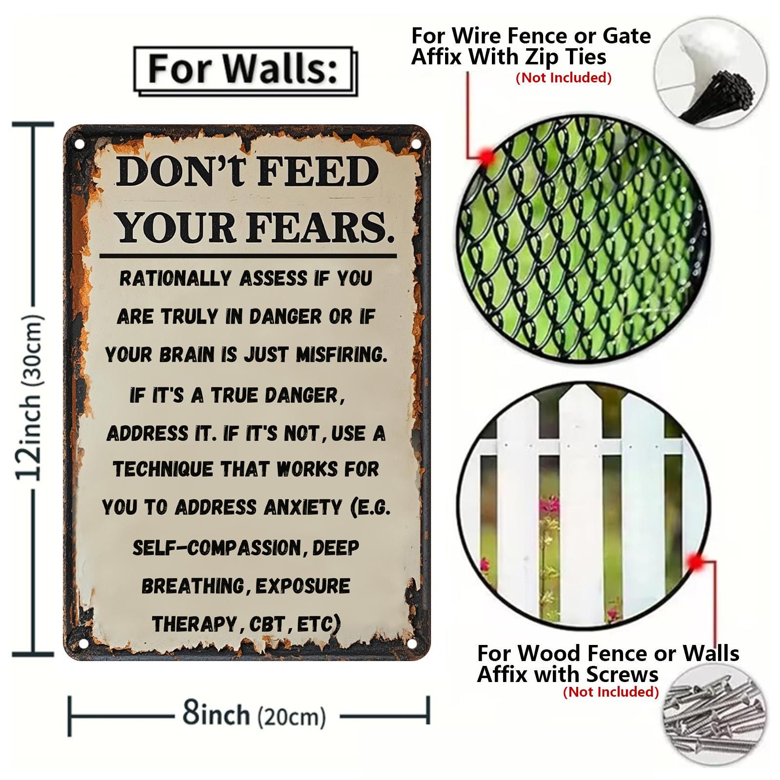 Don't Feed Your Fears Metal Sign: Rustic Motivational Quote Plaque