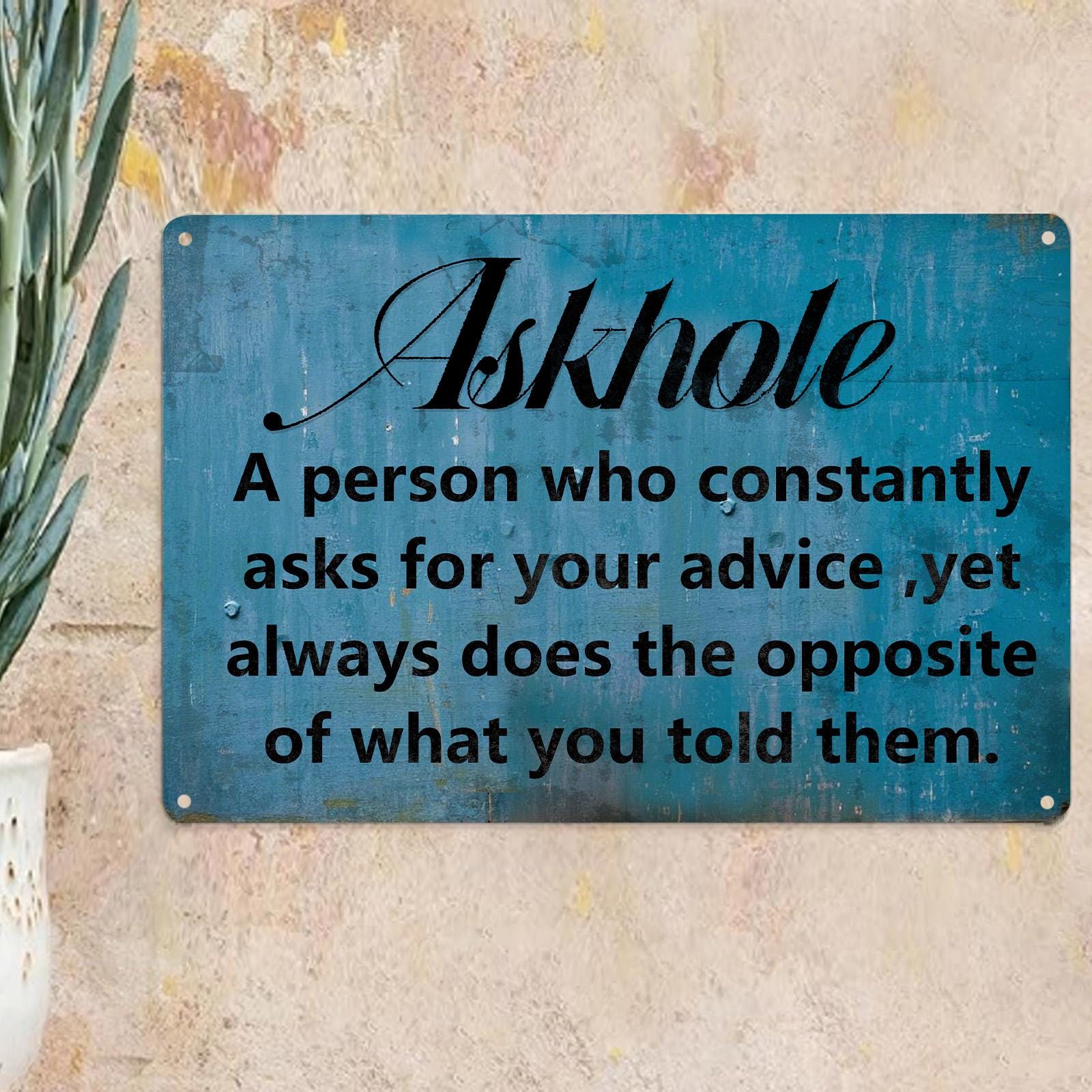 Vintage Askhole Definition Metal Sign: Funny Home Office Decor