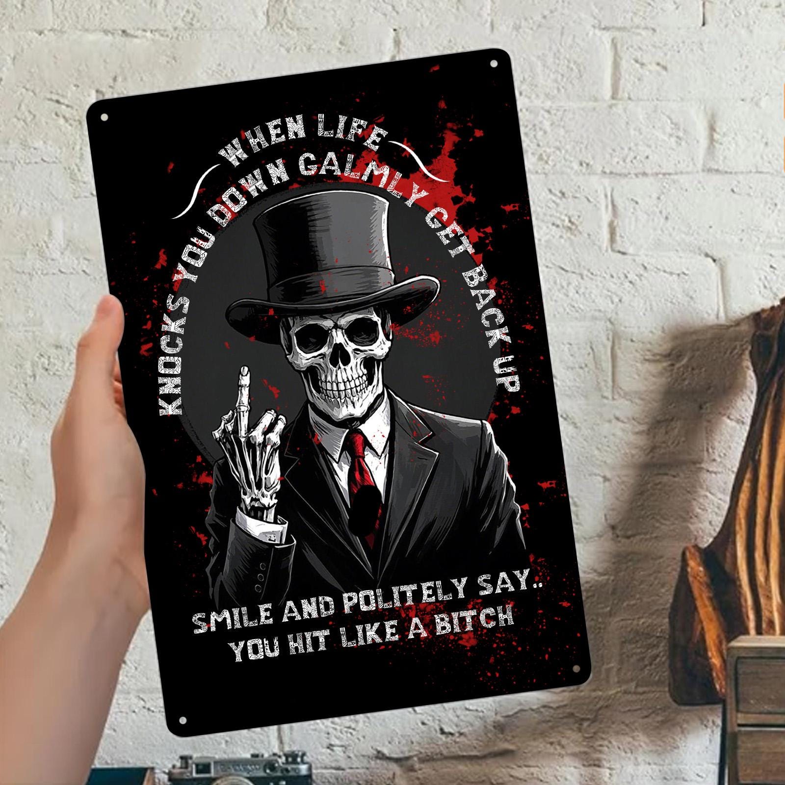 Vintage "When Life Knocks You Down" Metal Sign: Funny Home Bar Decor