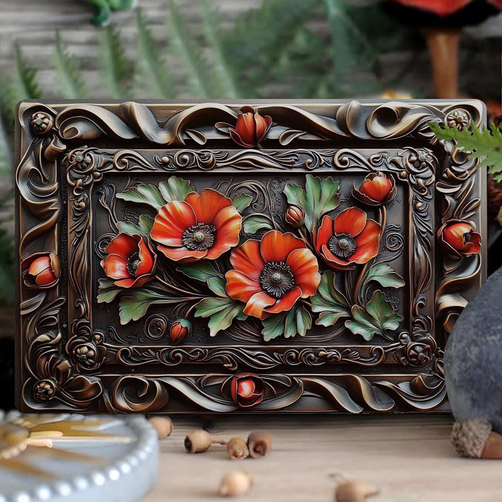 Red Poppy Floral Metal Wall Plaque: Vintage Garden Decor
