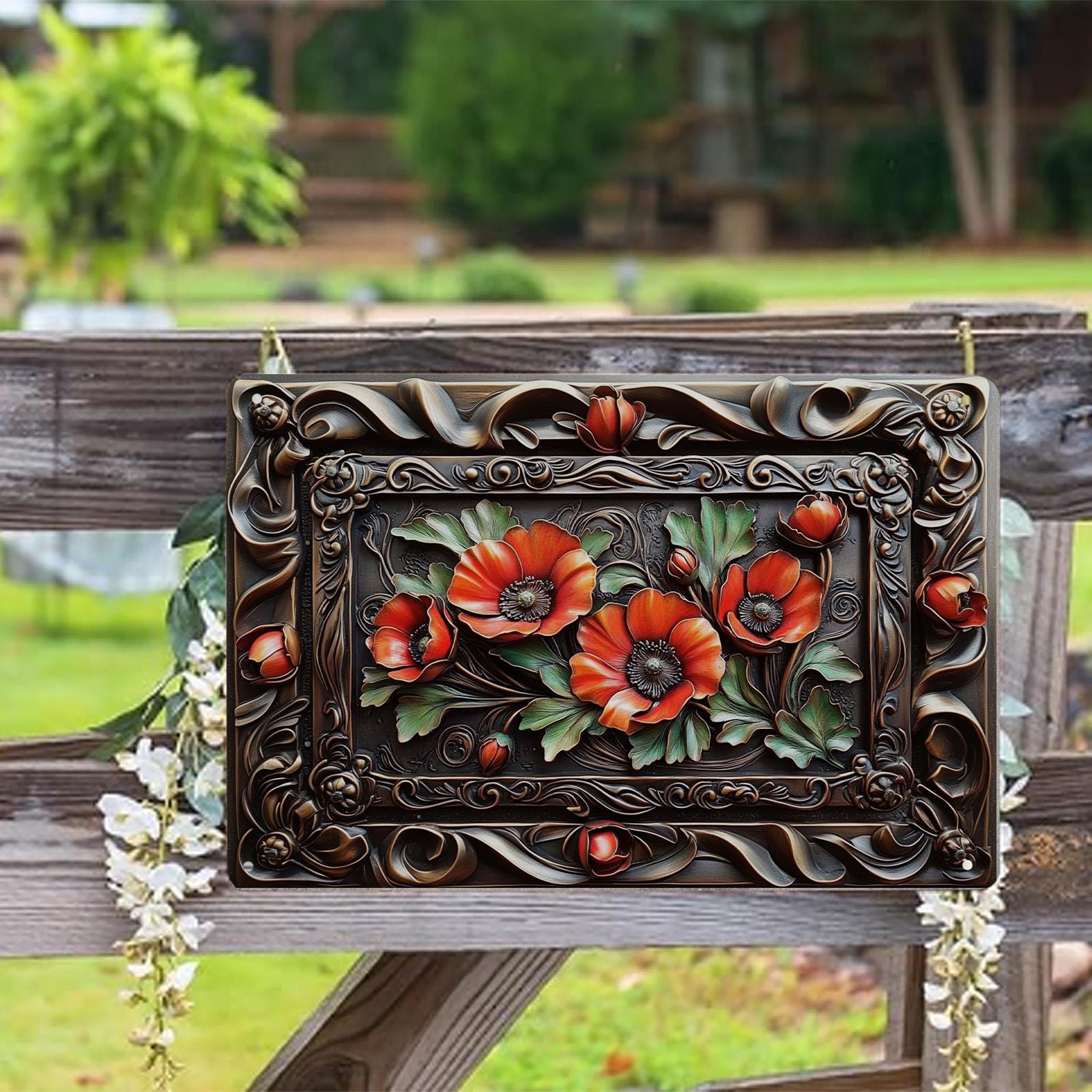 Red Poppy Floral Metal Wall Plaque: Vintage Garden Decor