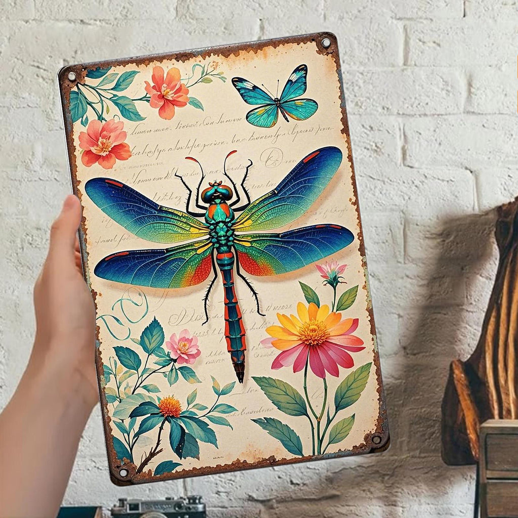 Enseigne murale libellule et papillon en métal | Décoration florale vintage pour la maison