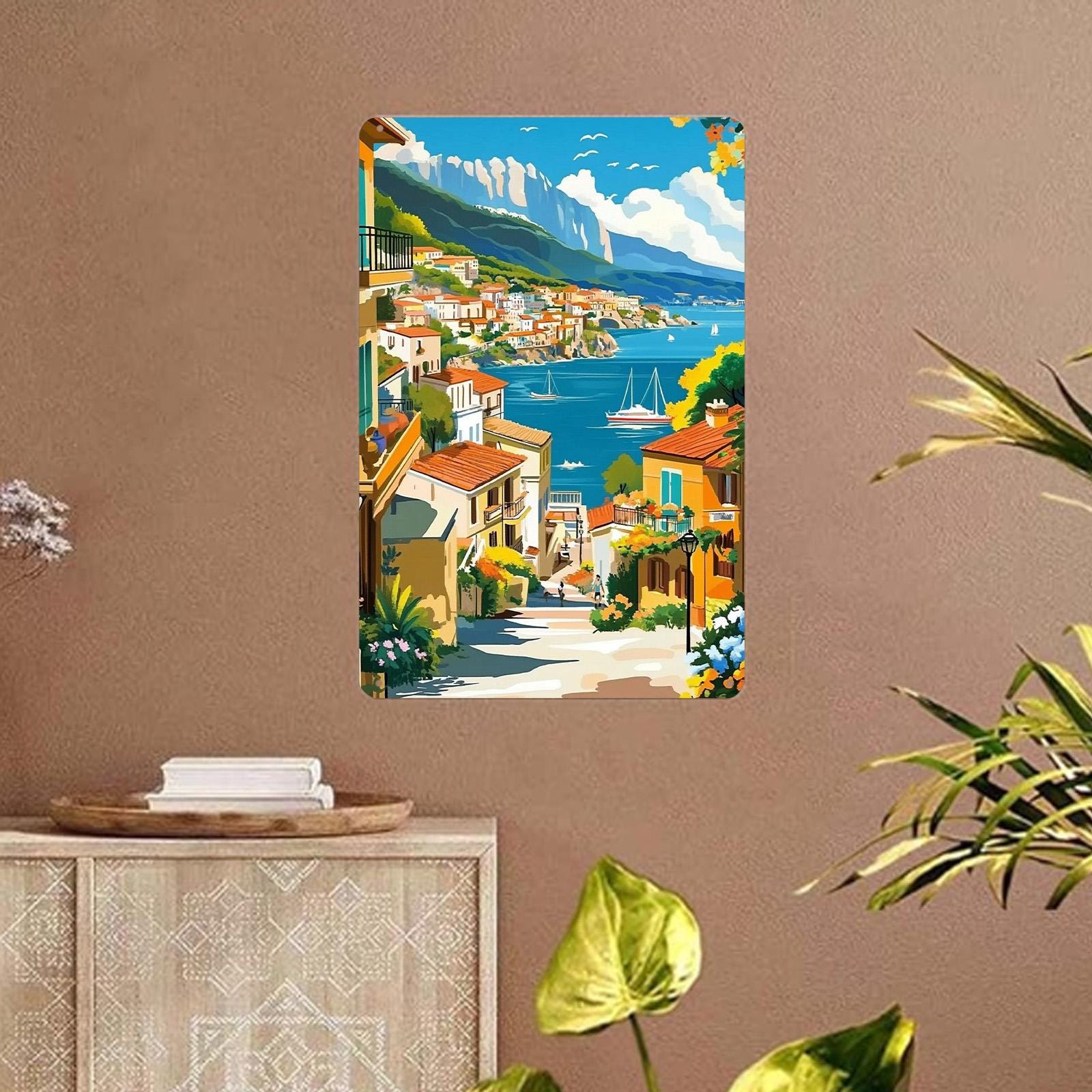 Plaque décorative murale en métal « Paysage urbain méditerranéen vintage » | Décoration côtière italienne en métal