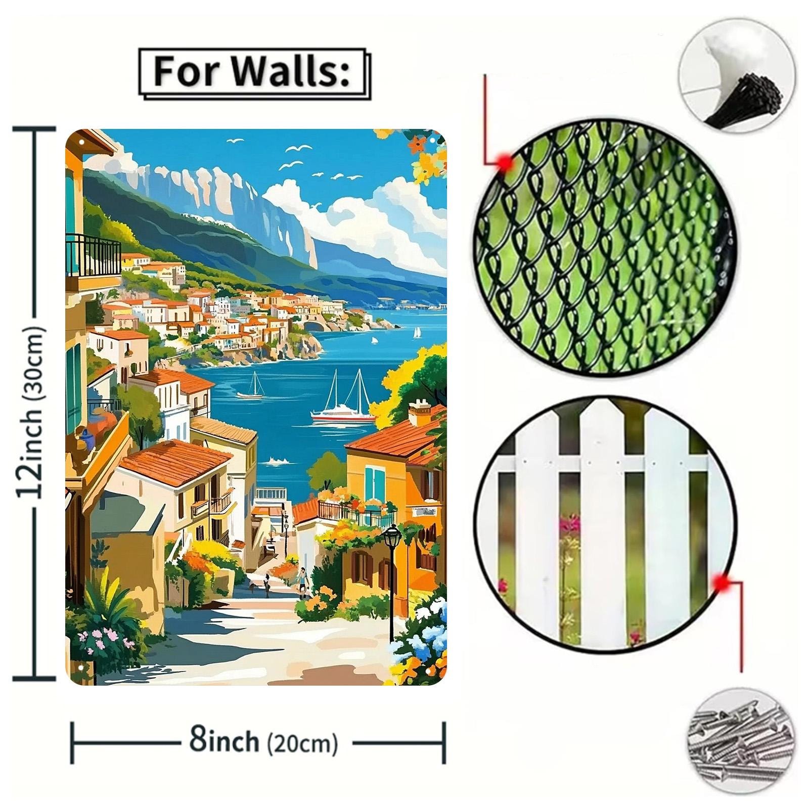 Plaque décorative murale en métal « Paysage urbain méditerranéen vintage » | Décoration côtière italienne en métal