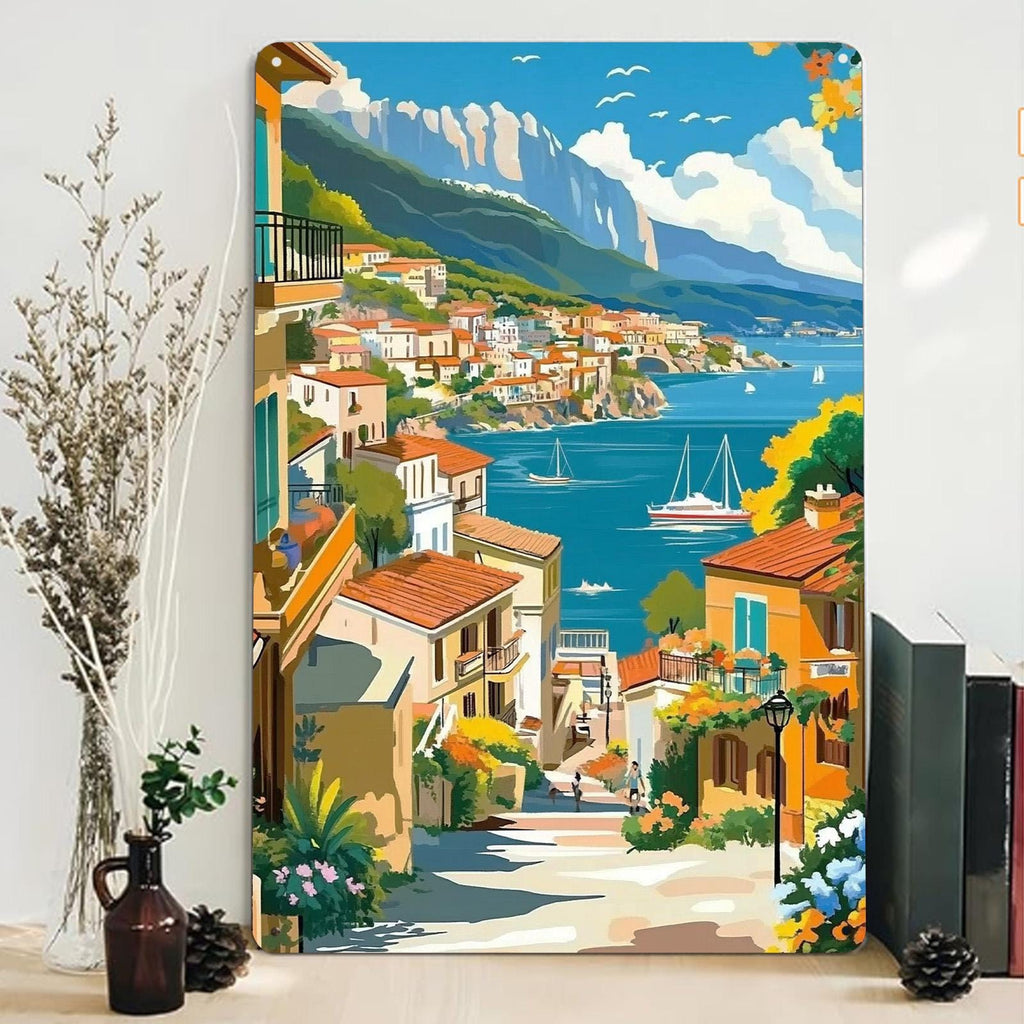 Plaque décorative murale en métal « Paysage urbain méditerranéen vintage » | Décoration côtière italienne en métal