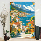 Plaque décorative murale en métal « Paysage urbain méditerranéen vintage » | Décoration côtière italienne en métal