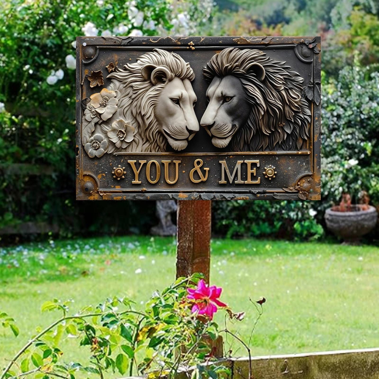 Rustic Lion Couple Metal Wall Art: Vintage Home Decor