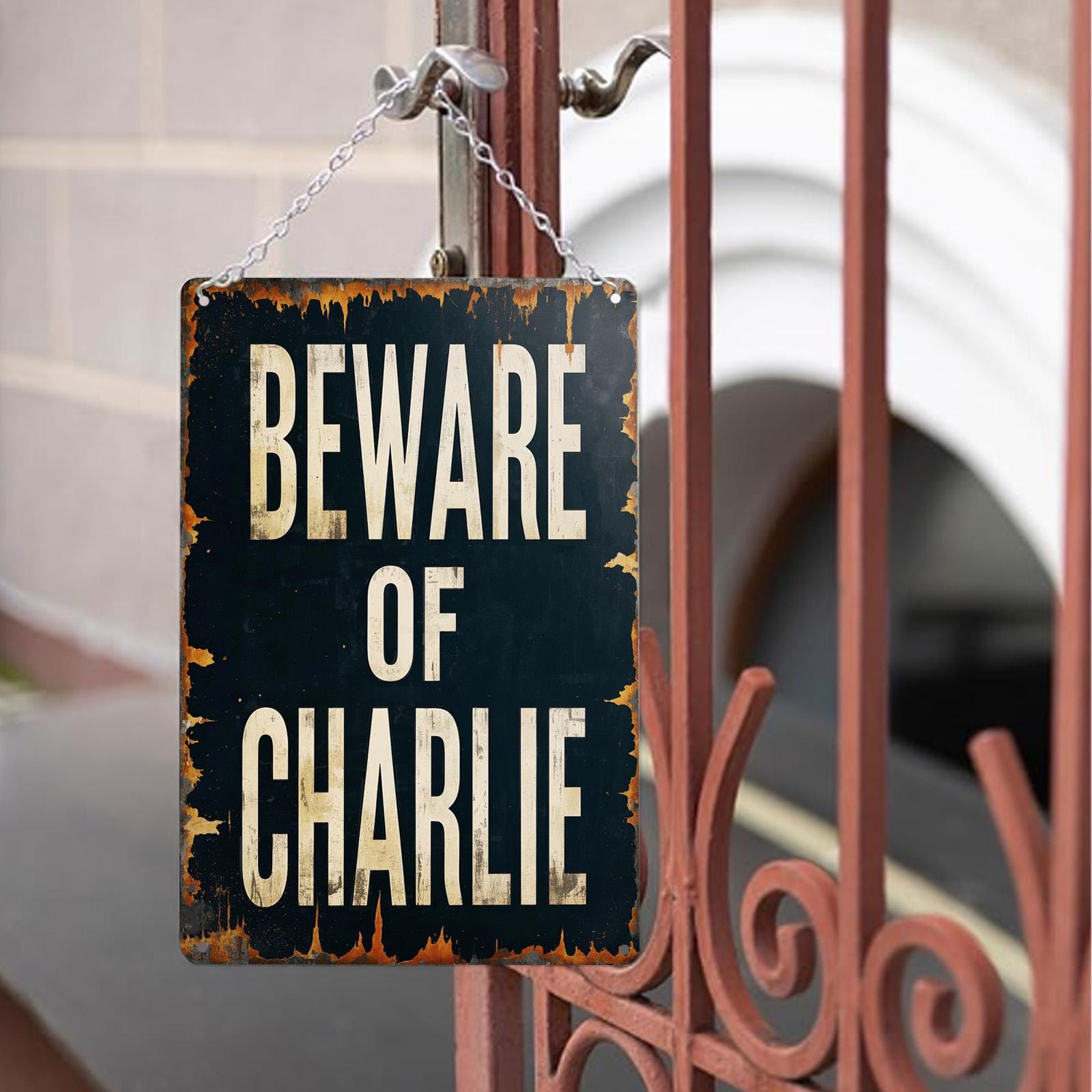 Beware of Charlie Metal Sign: Rustic Vintage Warning Plaque