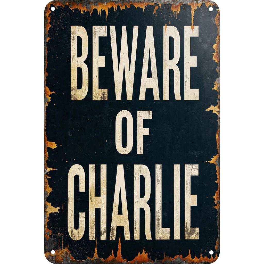 Beware of Charlie Metal Sign: Rustic Vintage Warning Plaque