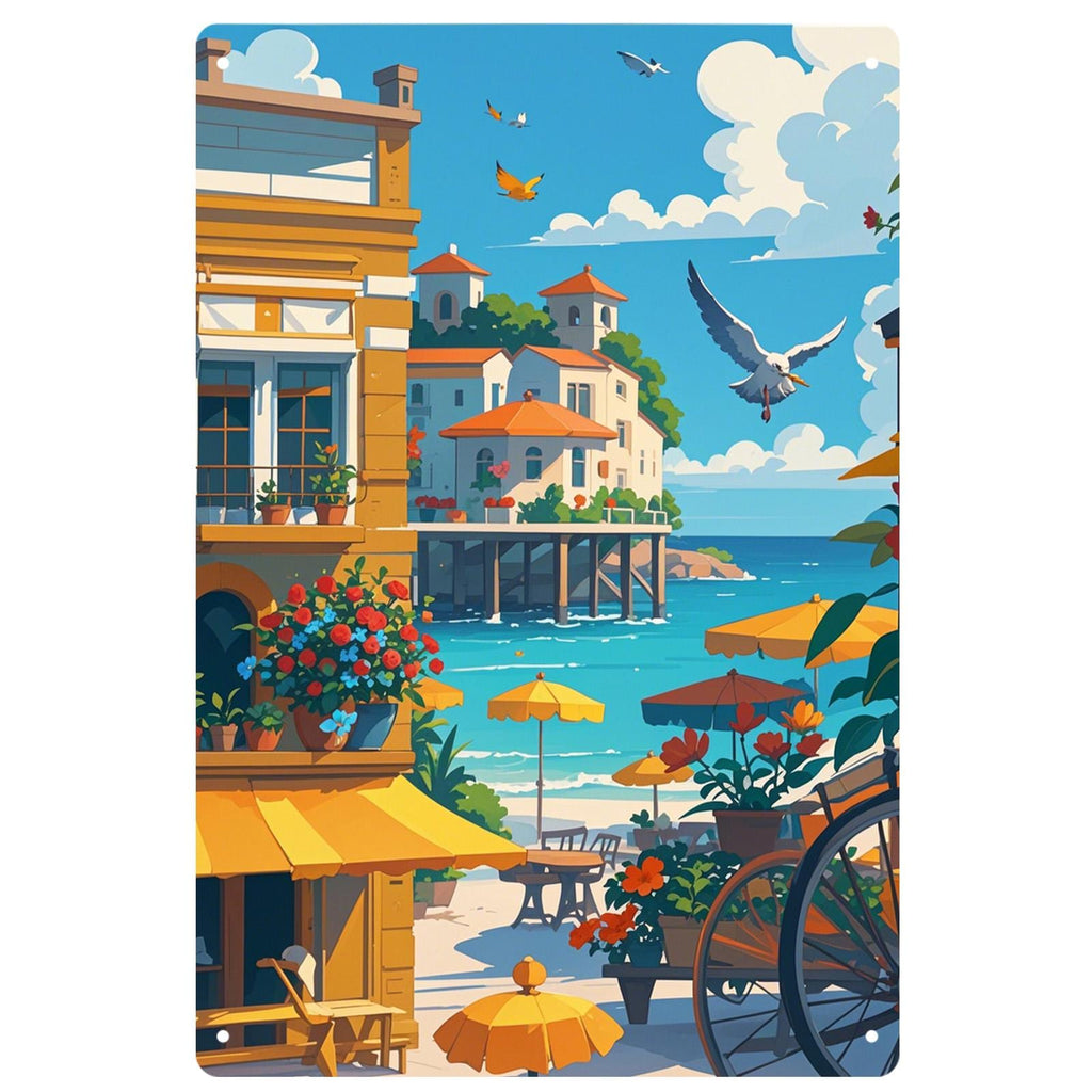 Vintage Coastal Cafe Metal Sign: Seaside Village Wall Art