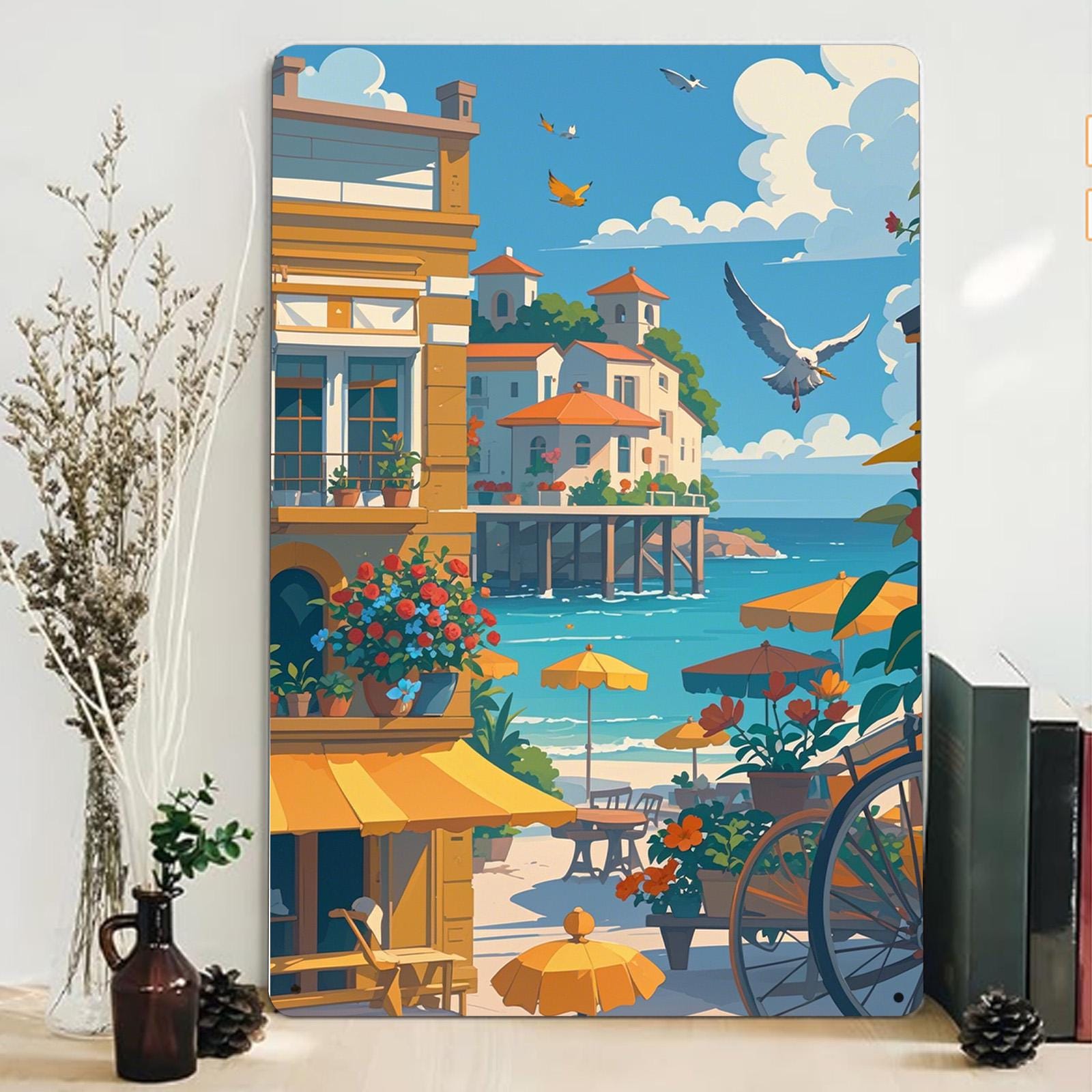 Vintage Coastal Cafe Metal Sign: Seaside Village Wall Art