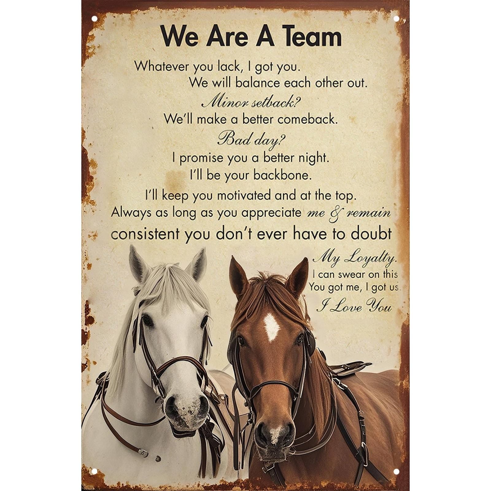 Vintage Horse Lovers Metal Sign: Inspirational Team Quotes, Rustic Barn Decor